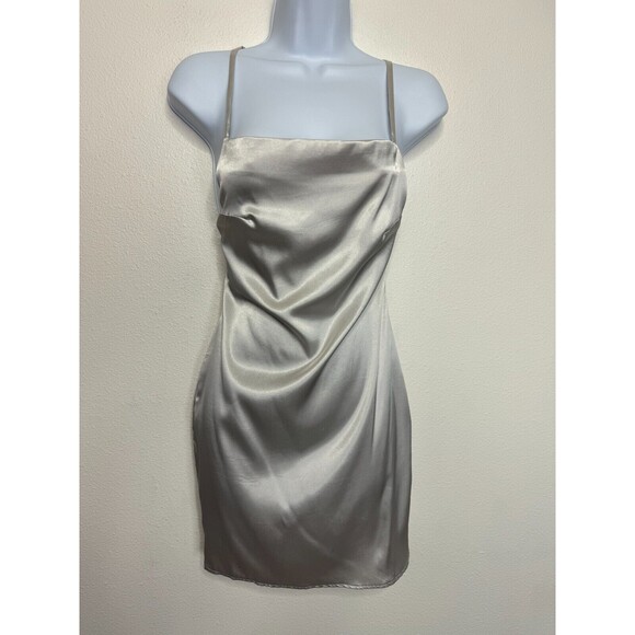 ASOS Design Satin Mini Dress Size 4 Silver Criss Cross Back Square Neck Strappy - Picture 1 of 11